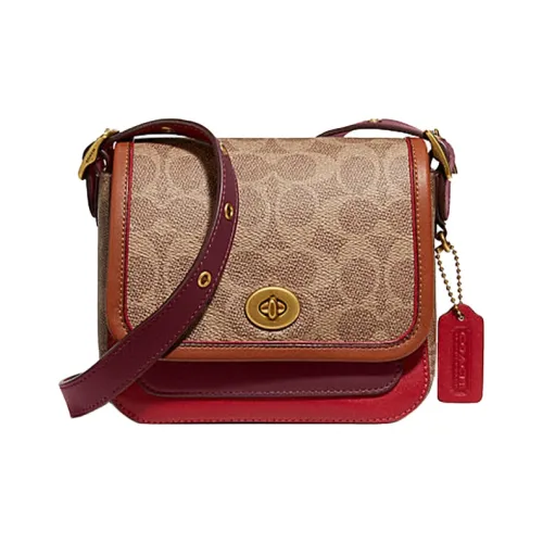 COACH Покрытие Холст Дубленая Кожа Перчатка Сумка через плечо Сумка на плечо Маленькая Женская Красный и Коричневый