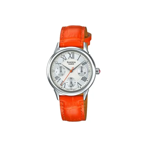 CASIO SHEEN Кварцевый механизм часы с натуральной кожей ремешок женские часы серебристый циферблат