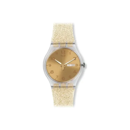 Swatch Quartz Механизм Унисекс Часы 41 мм Золотой Циферблат Пластиковый Корпус Часы Силиконовый Ремешок