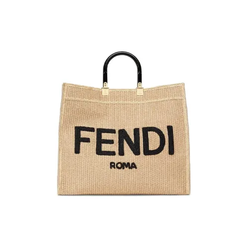 FENDI Sunshine Ткани вязаные Солома Тоут Сумка Сумка для покупок Сумка Большая Женская Бежево-желтая