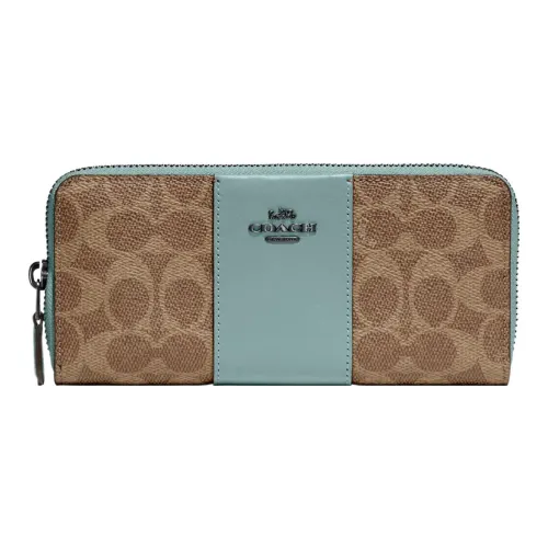 COACH Аккордеонный кошелек Покрытый холст телячья кожа клатч кошелек маленький женский коричневый и бирюзовый