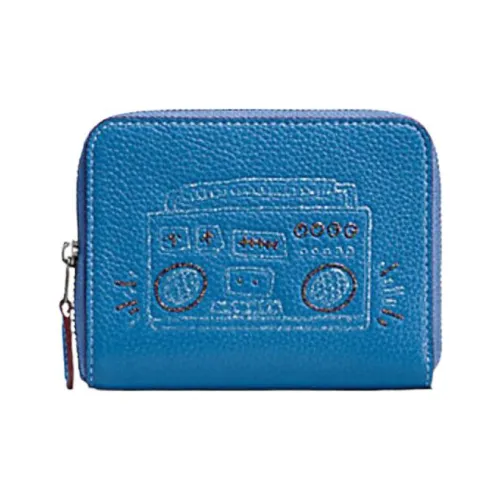 COACH Keith Haring Коллаборация Zip Around Полированная Галечная Кожа Монетница Мини Женская Небесно-Синий