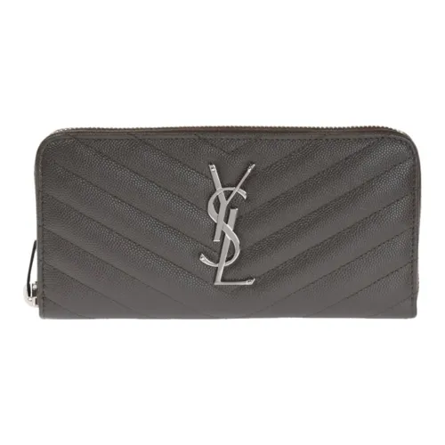 SAINT LAURENT YSL Монограмма Quilted Кожа Длинный Кошелек на Молнии Клатч Женский Серый