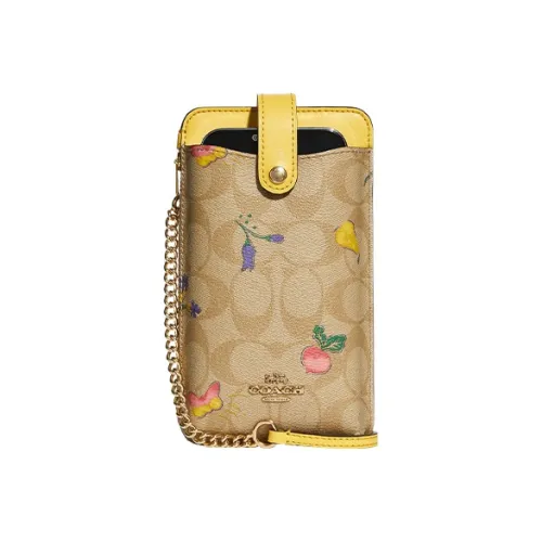 COACH Canvas С кожаными вставками Сумка через плечо с карманом для мобильного телефона Женская Золото Светлый хаки Винтажный желтый