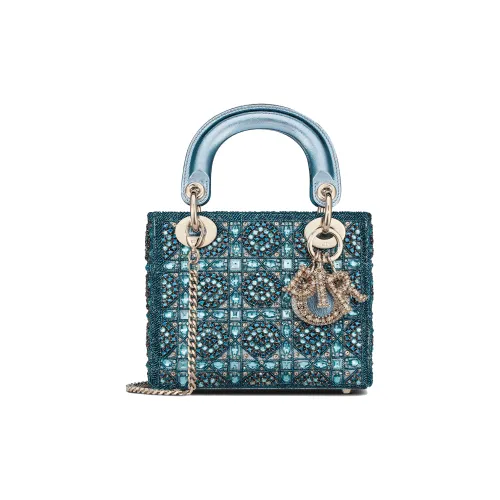 DIOR Lady Dior Металлик Телячья кожа And Сатин Цепочка Сумка сумка через плечо Сумка через плечо Мини Женские Кляйн-синий