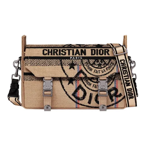 DIOR DiorCamp Джут Холст Вышивка Холст Сумка Курьерская сумка Сумка через плечо Маленькая Унисекс Бежевая