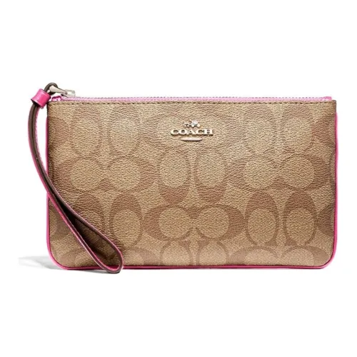 COACH Wristlet Монограмма Холст и Кожа Клатч Запястье Сумка Маленькая Сумочка Женская Розовый Красный и Коричневый Монограмма