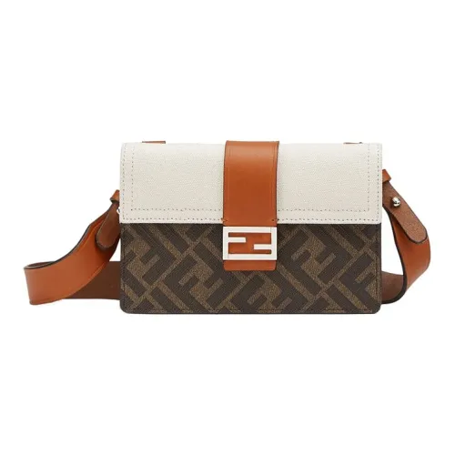 FENDI Baguette Холст с кожей Багетная сумка Ручная сумка через плечо Мужская Коричневый и Белый