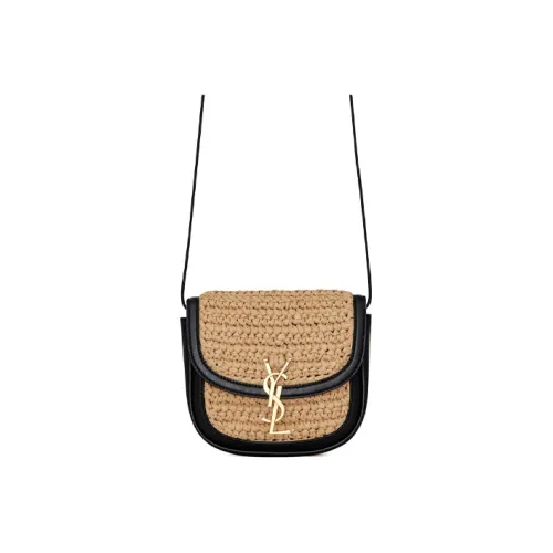 SAINT LAURENT Рафия с кожаными вставками седло сумка через плечо маленькая женская бежевый и черный