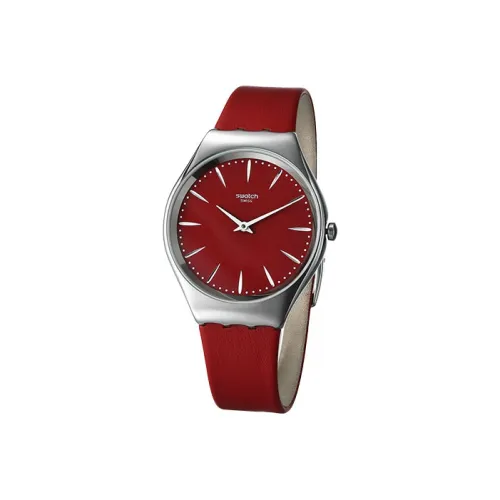 SWATCH Skin Series Кварцевый механизм Женские часы 38,5 мм Красный циферблат Корпус из нержавеющей стали Кожаный ремешок