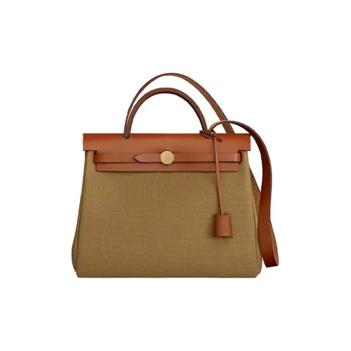 HERMES Herbag Zip Холст с Hunter Коровья кожа Портативный Холст Сумка через плечо Унисекс Лен Зеленый