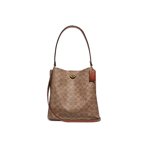 COACH Charlie Canvas Leather Bucket Bags Crossbody Bag Shoulder Bag Medium Women's Red Brown