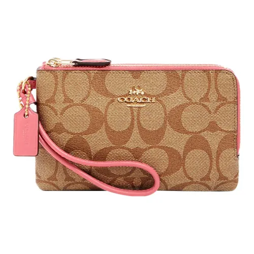 COACH Corner Zip Canvas Wallet Wristlet Small Women's Khaki Pink