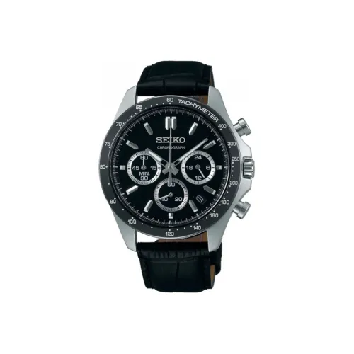 SEIKO Кварцевый механизм Кожаный ремешок Часы Мужские Черный циферблат