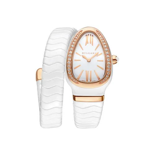 BVLGARI Serpenti Spiga Часы Безель Из Розового Золота 18 Карат С Бриллиантами Классической Огранки, Белый Лакированный Циферблат