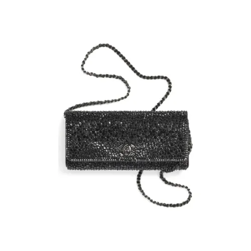 CHANEL Rhinestone Lambskin Coin Wallet Handheld Bag Shoulder Bag Women's Black