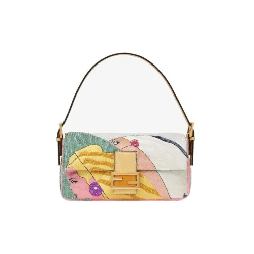 FENDI Baguette Satin Polyester Плечевая сумка Сумка среднего размера Женская Желтая Многоцветная