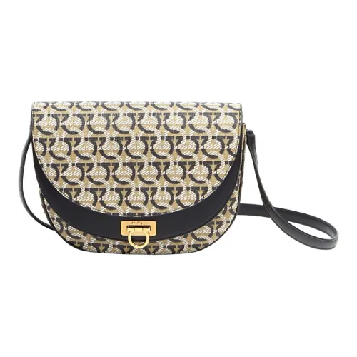 FERRAGAMO GANCINI Сумка через плечо из ткани с коровьей кожей женская песочного черного цвета