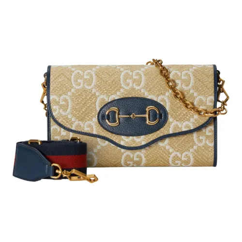 GUCCI Horsebit 1955 Raffia Effect Кожа Вставка Chain Плечевая Сумка Сумка Женская Бежевая и Синяя