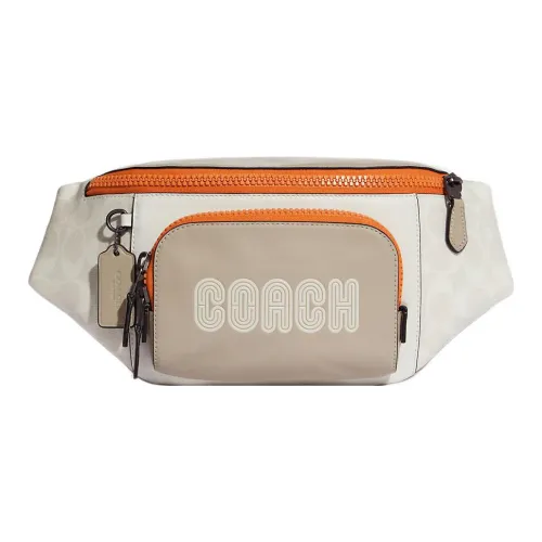 COACH Track Холст Телячья кожа Бананка Большой Мужской Белый Оранжевый Молочно-чайный