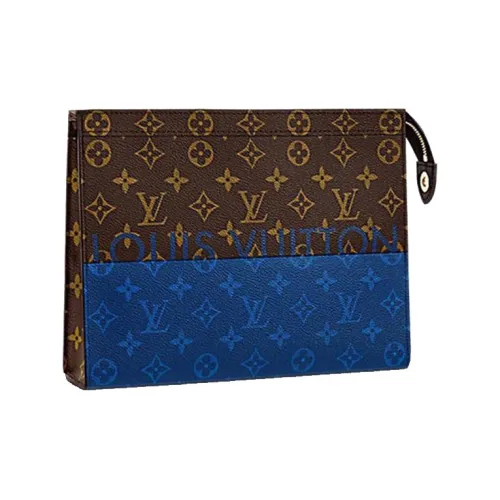 LOUIS VUITTON Pochette Voyage Холст и Кожа Туалетная Сумка Клатч Средний Мужской Коричневый Синий