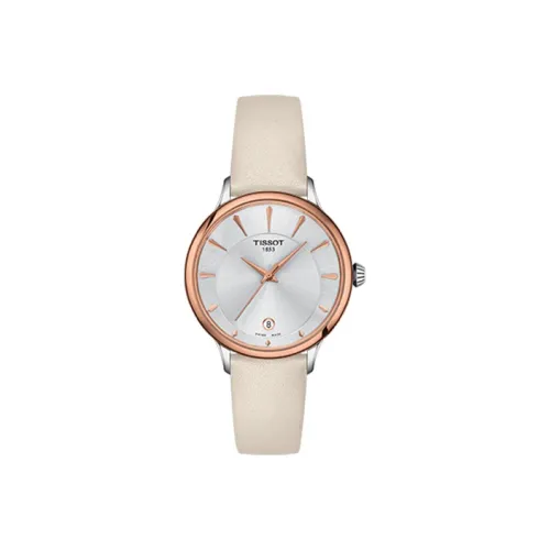 TISSOT Ruan Ting Series Кварцевый механизм Женские часы 33,17 мм Серебристый циферблат Корпус из нержавеющей стали Ремешок из натуральной кожи