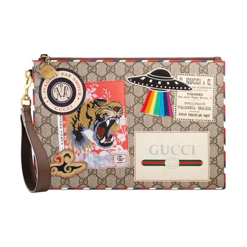 GUCCI Canvas с кожаными вставками клатч мужской бежевый эбеновый