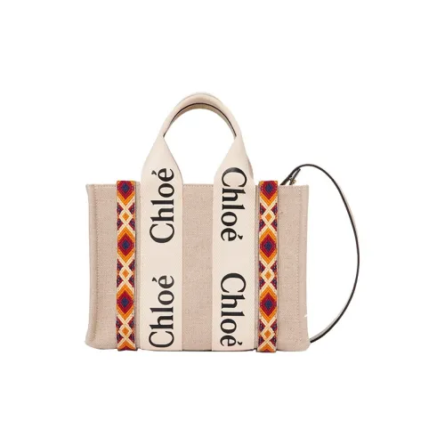 Chloe Woody Linen Patchwork Гладкая Поверхность Телячья Кожа Сумка Маленькая Женская Бежевая Коричневая