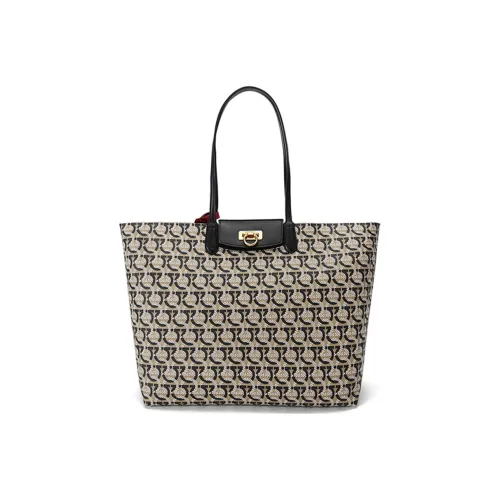 Ferragamo Gancini Покрытый холст Сумка через плечо Сумка-тоут Сумка Комбинированная сумка Сумка для покупок Женская Песочный Черный Многоцветный