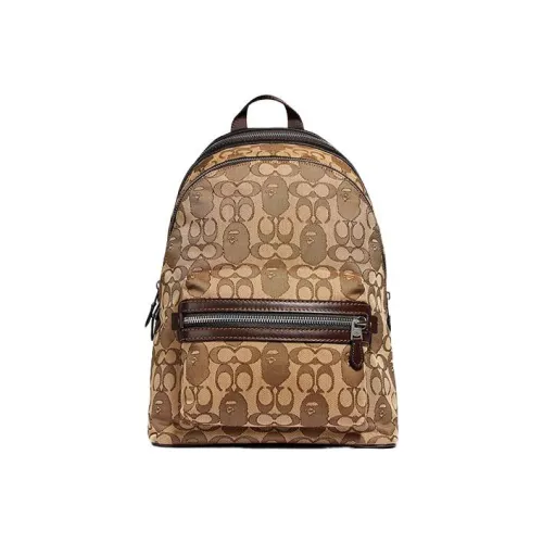 COACH BAPE collaboration ACADEMY Жаккардовая ткань Телячья кожа Рюкзак Большой Унисекс Хаки с монограммой