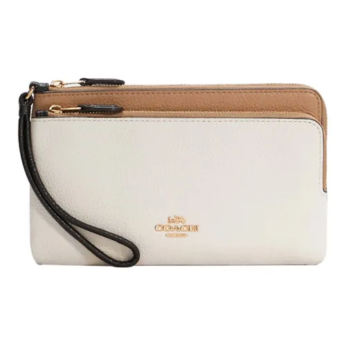 COACH Double Zip Wallet из кожа галечного цвета клатч-кошелек маленький женский молочно-чайный и белый
