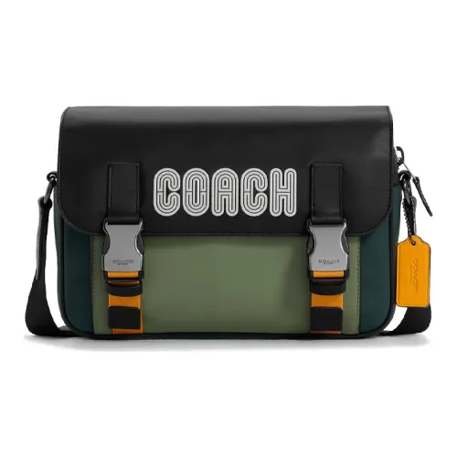 COACH Track Телячья кожа Курьерская сумка Сумка через плечо Большая Мужская Черная и Зеленая