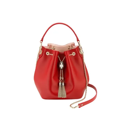 BVLGARI SERPENTI Гладкая Телячья Кожа Ведрообразная Сумка Женская Красная