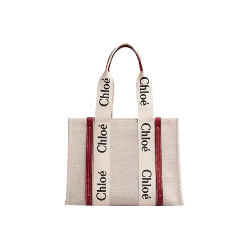 Chloe Woody Linen Canvas Shoulder Bag Handbag Medium Women's Beige Smoke Red