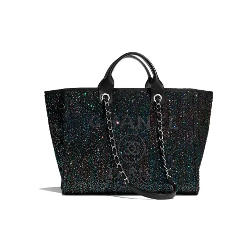 CHANEL Вискоза Телячья кожа Блестки And Серебряный Металл Тоут Сумка Сумка для покупок Сумка Большая Женская Черная