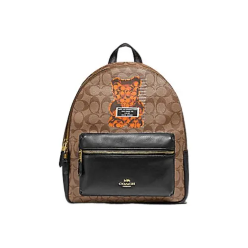COACH Charlie с кожаными вставками жевательные конфеты Cartoon Bear с принтом кожа молнии повседневный рюкзак женский коричневый