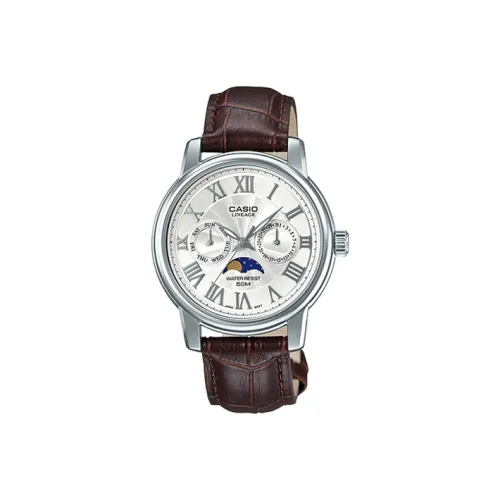 CASIO LINEAGE Series Кварцевый механизм Кожаный ремешок Часы Мужские Серебристый циферблат