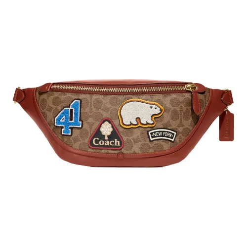 COACH League Холщовая кожа Через плечо Бананка Большая Унисекс Кирпично-красный