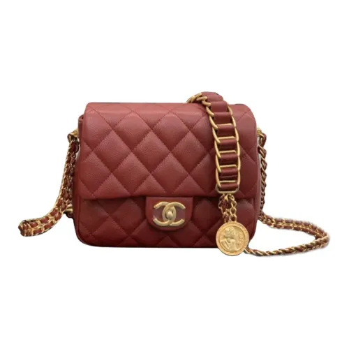 CHANEL Classic Flap CF Coin Collection С рельефом Тисненый Коровья кожа Сумка через плечо Мини Женские Красный