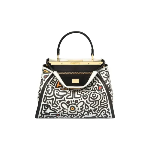 FENDI MR. Doodle Коллаборация Peekaboo Телячья кожа Сумка через плечо Сумка среднего размера Женская Черная