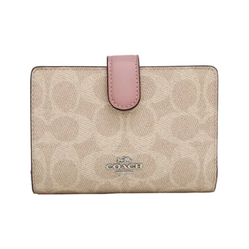 COACH Corner Zip Холст с кожей Кошелек для монет клатч кошелек стандартный женский светлый хаки и розовый