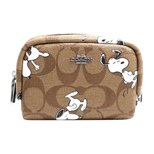 COACH X PEANUTS Косметика 11 Snoopy Коллаборация Boxy Цветочный Холст с кожей Кошелек для монет Кошелек Женские Коричневый