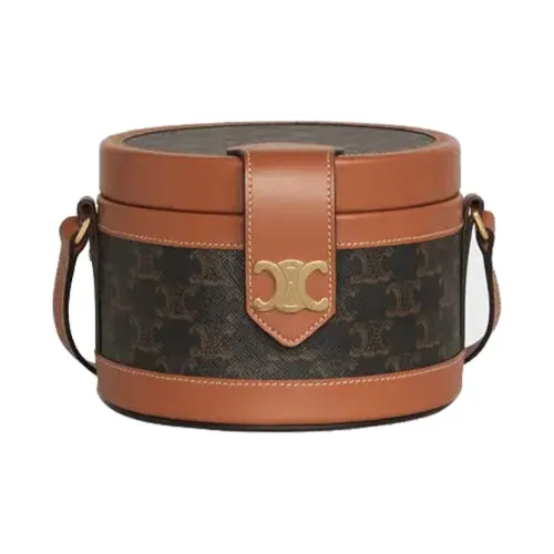 CELINE Tambour Ткань с кожаными вставками Сумка-ланчбокс Сумка Сумка через плечо Сумка через плечо Средняя Женская Рыжевато-коричневый