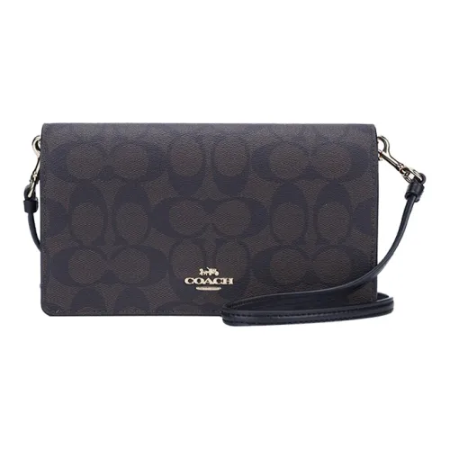 COACH Anna Холст и Кожа С Откидной Крышкой Сумка на Плечо Маленькая Женская Темно-Коричневая Монограмма