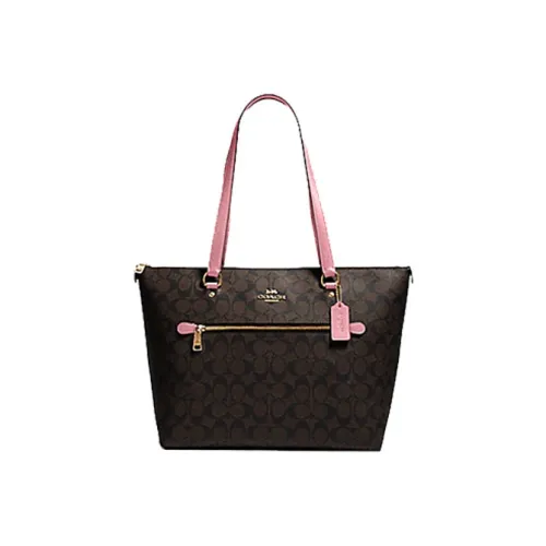 COACH Gallery Холщовая кожа Тоут Сумка Сумка для покупок Сумка на плечо Женская Темно-коричневый и Розовый