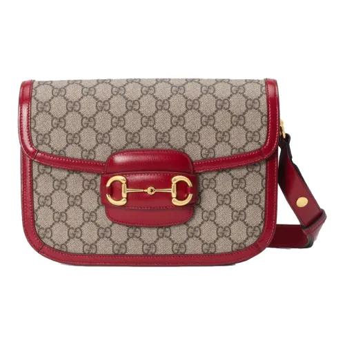 GUCCI Horsebit 1955 Холст с кожей Седло Сумка Сумка через плечо Маленькая Женская Эбеновый и Красный