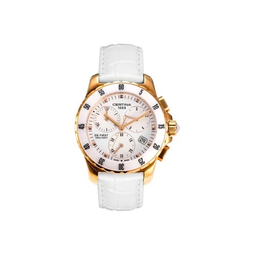 Certina Кварцевый механизм Женские часы 34,8 мм Белый циферблат Нержавеющая сталь PVD покрытие Корпус часов Коровья кожа Ремешок