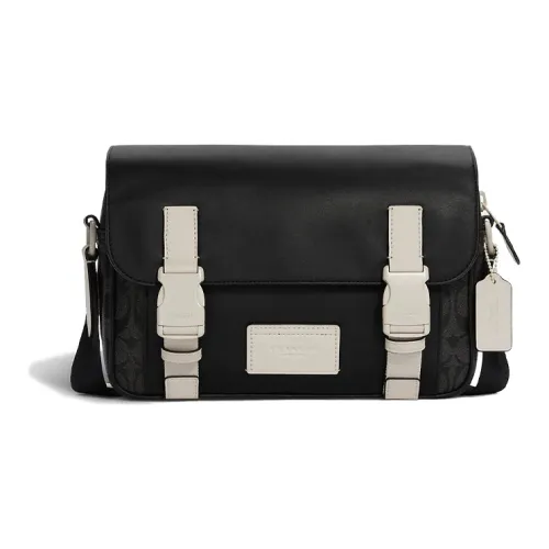 COACH Track Покрытый холст Телячья кожа Курьерская сумка Сумка через плечо Большая Мужская Черная Белая