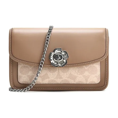 COACH Паркер Холст и Кожаная Сумка с Цепочкой Сумка через плечо Сумка на плечо Женская Тауповая Многоцветная