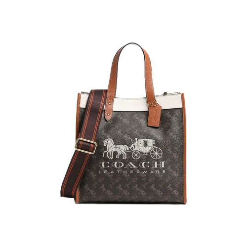 COACH Field Холст и Кожа Тоут Сумка Сумка для покупок Сумка через плечо Сумка Большая Женская Темно-Коричневый и Многоцветный